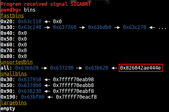 Inspecting the bins structure with pwndbg